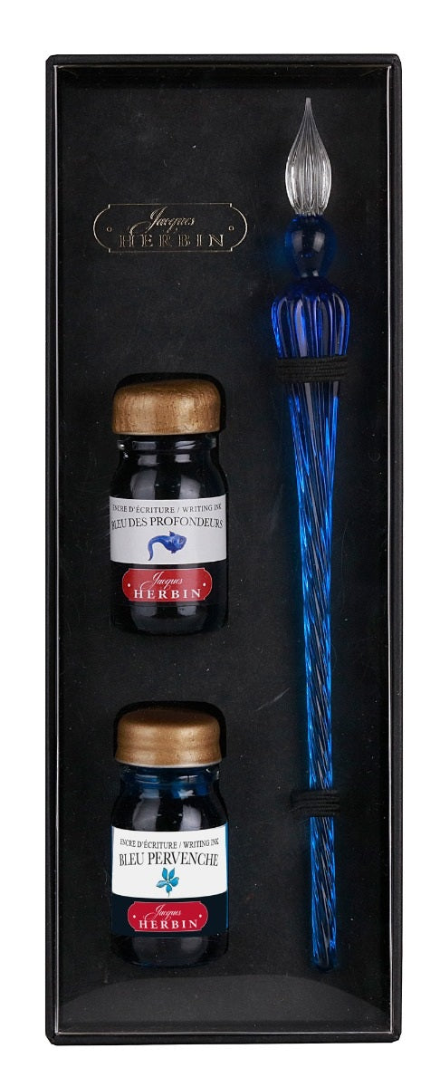 Jacques Herbin Blue Spiral Body Round Glass Pen & Ink Set