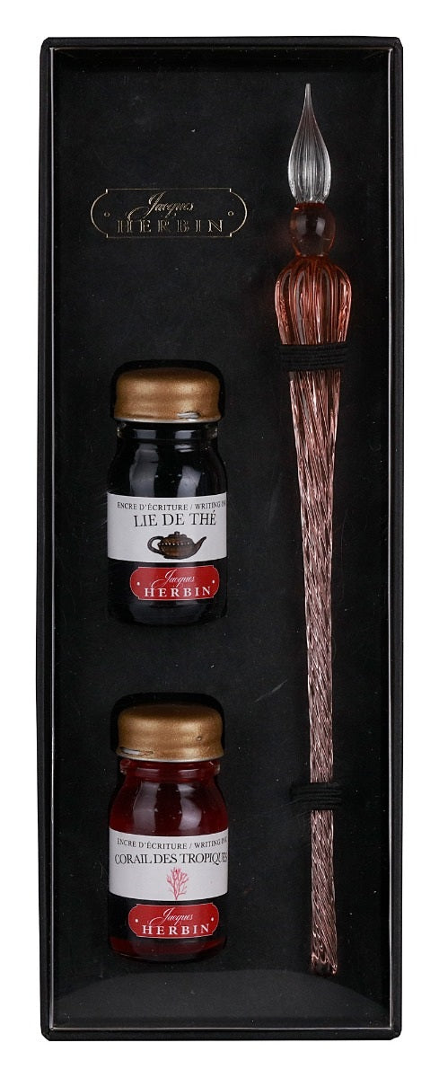 Jacques Herbin Rose Spiral Body Round Glass Pen & Ink Set